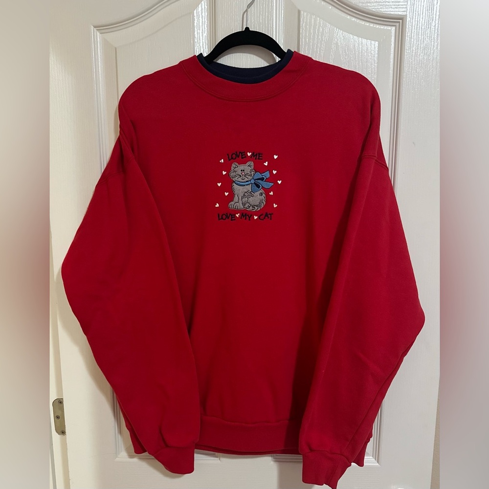 Women’s Plus VTG Love My Cat Love Me Sweatshirt Red Granny Chic Embroidered 1X.‎